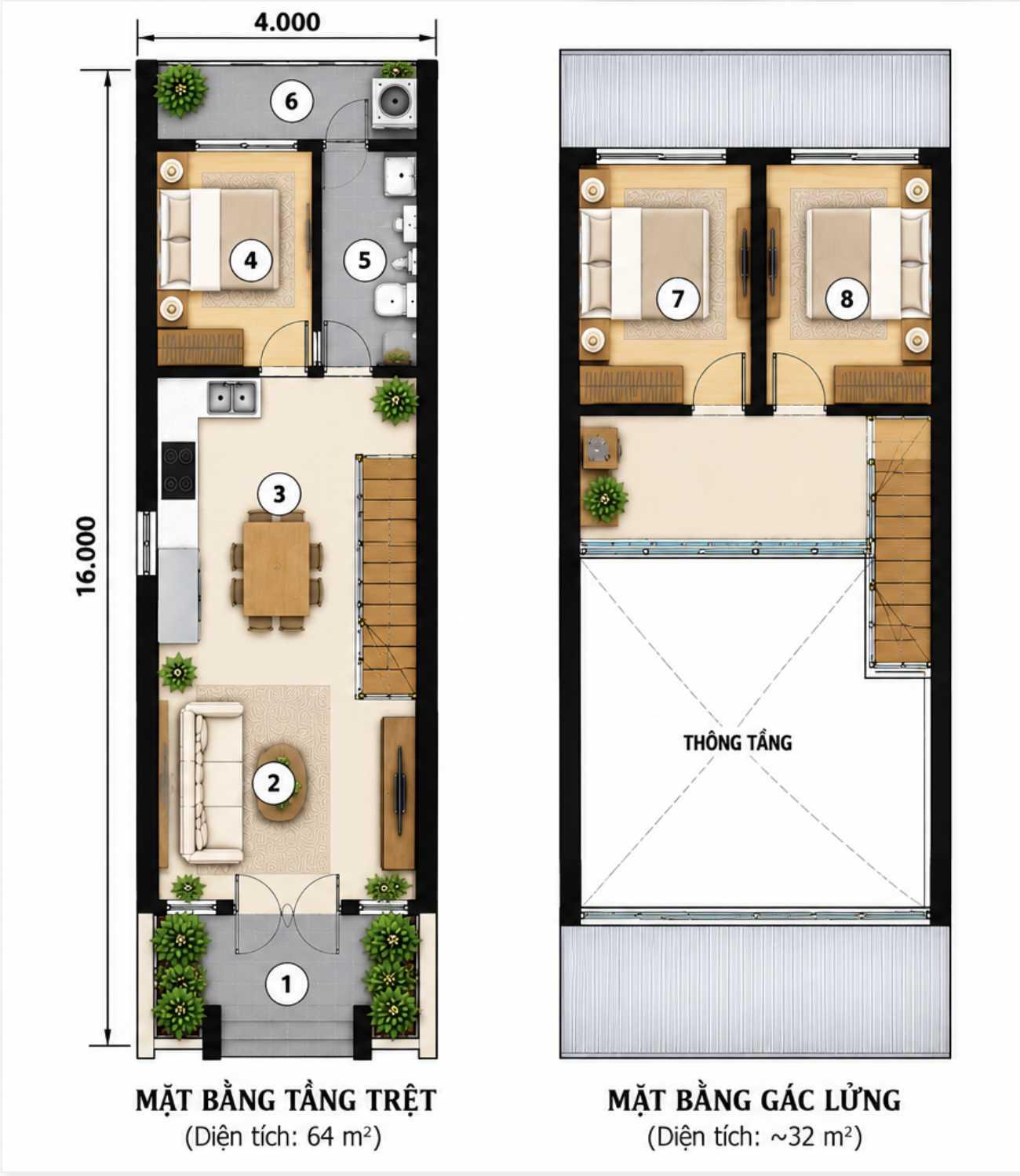 Bản vẽ mặt bằng nhà 4x16 có 1 phòng ngủ tầng trệt và 2 phòng ngủ trên gác