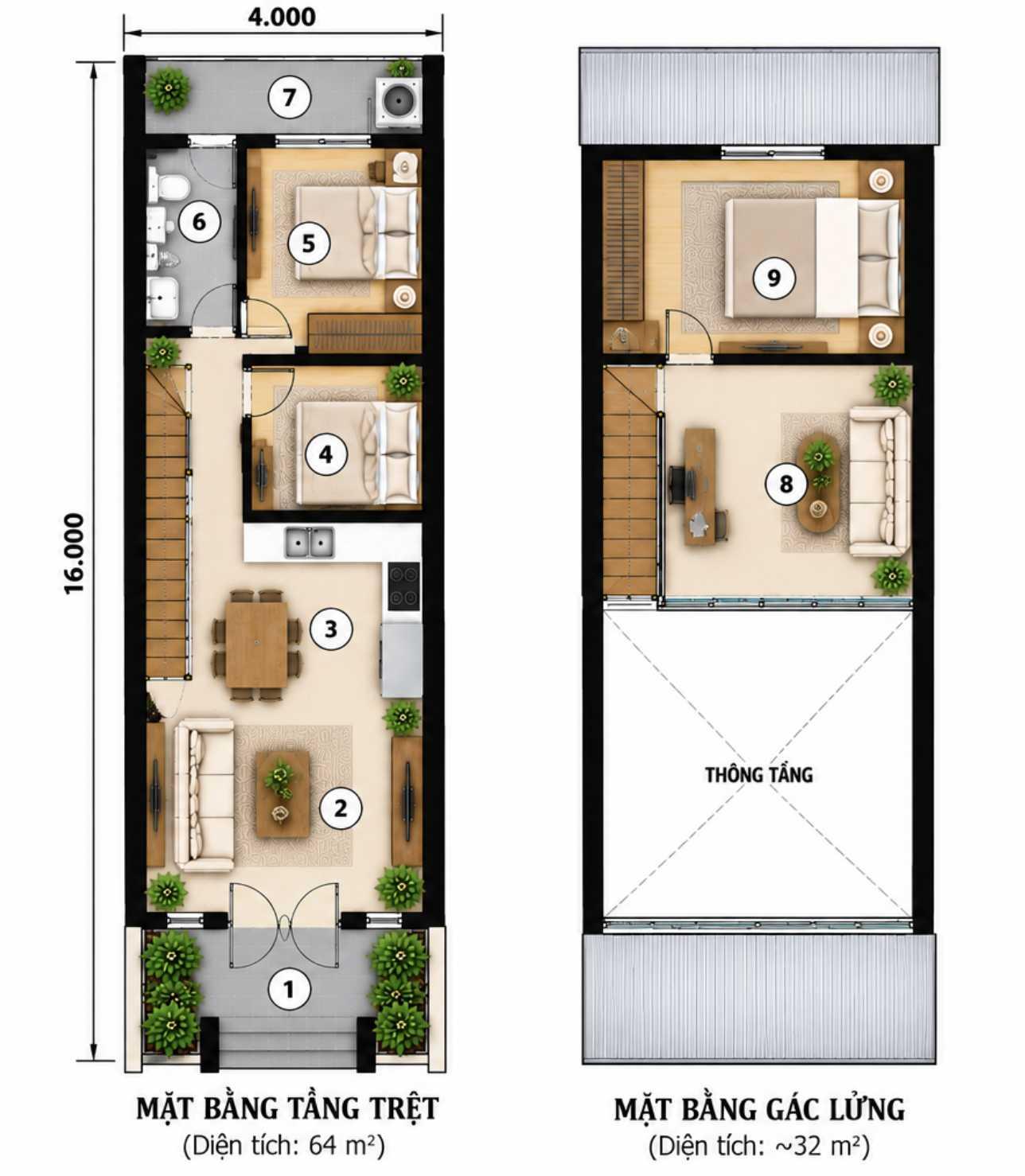 Bản vẽ mặt bằng nhà gác lửng 4x16 bố trí 2 phòng ngủ tầng trệt và 1 phòng ngủ trên gác