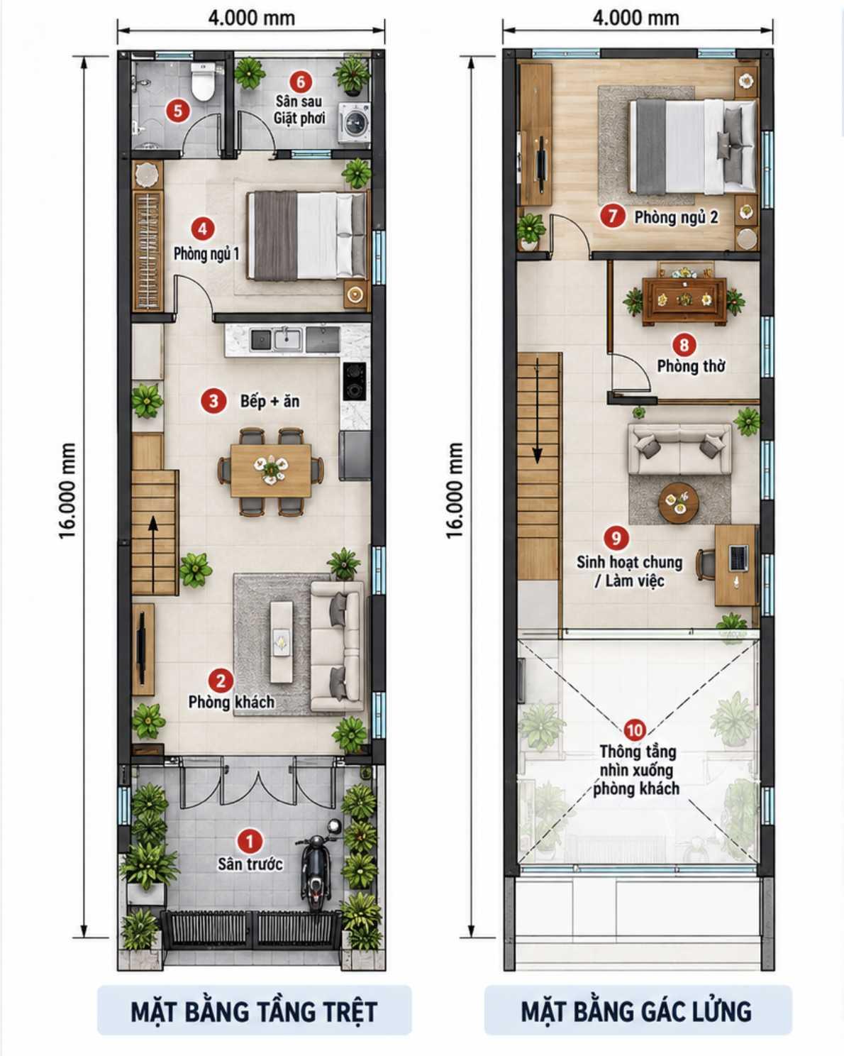 Bản vẽ mặt bằng nhà 4x16 bố trí phòng thờ phía trước và phòng ngủ phía sau gác lửng