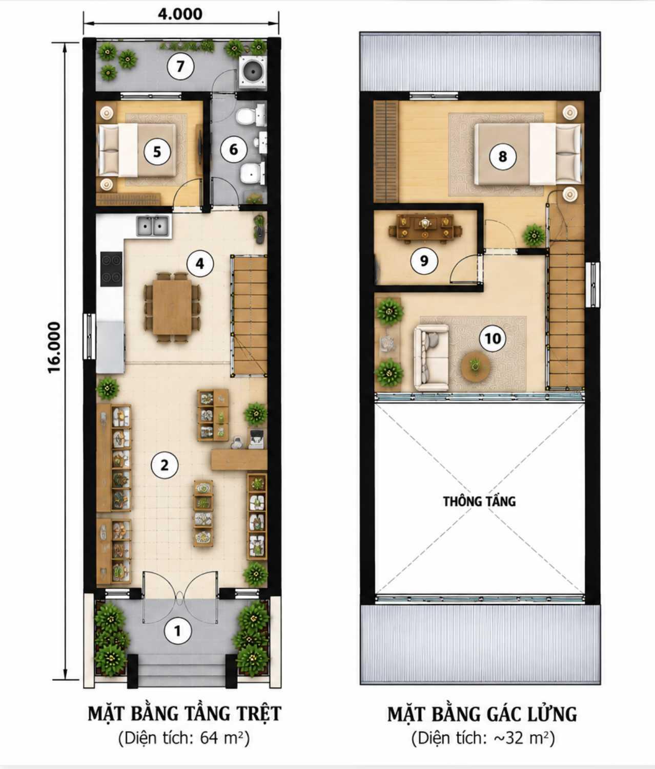 Bản vẽ mặt bằng nhà gác lửng 4x16 phân chia khu kinh doanh và khu vực ở