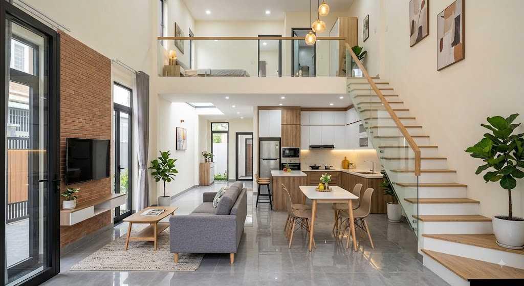Phòng ngủ được thiết kế ở khu vực gác lửng đảm bảo sự thuận tiện trong di chuyển trong nhà