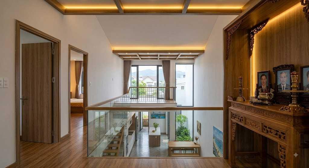 Không gian 3 phòng ngủ kết hợp phòng thờ được phân bổ khéo léo, cân đối trên diện tích 4x20m