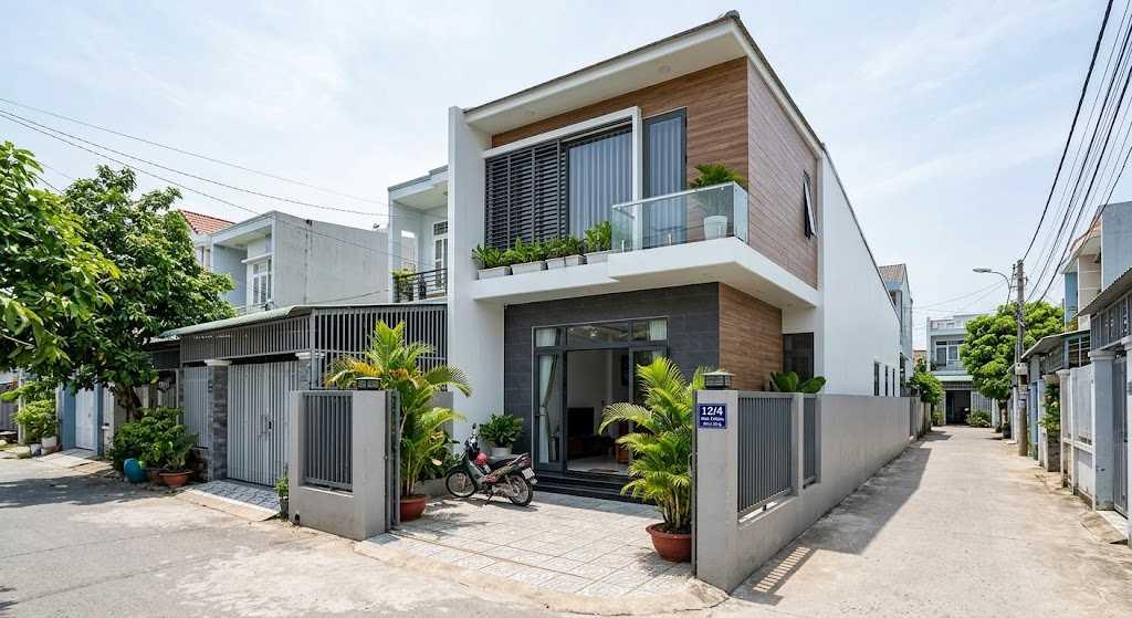 Khoảng sân trước rộng rãi được tận dụng làm nơi đậu xe và trồng cây xanh