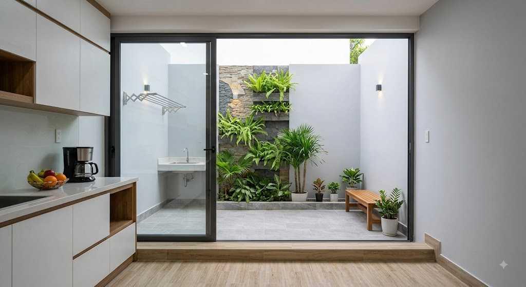 Tiểu cảnh xanh mát ở sân sau mang thiên nhiên đến gần hơn với các không gian phòng ngủ