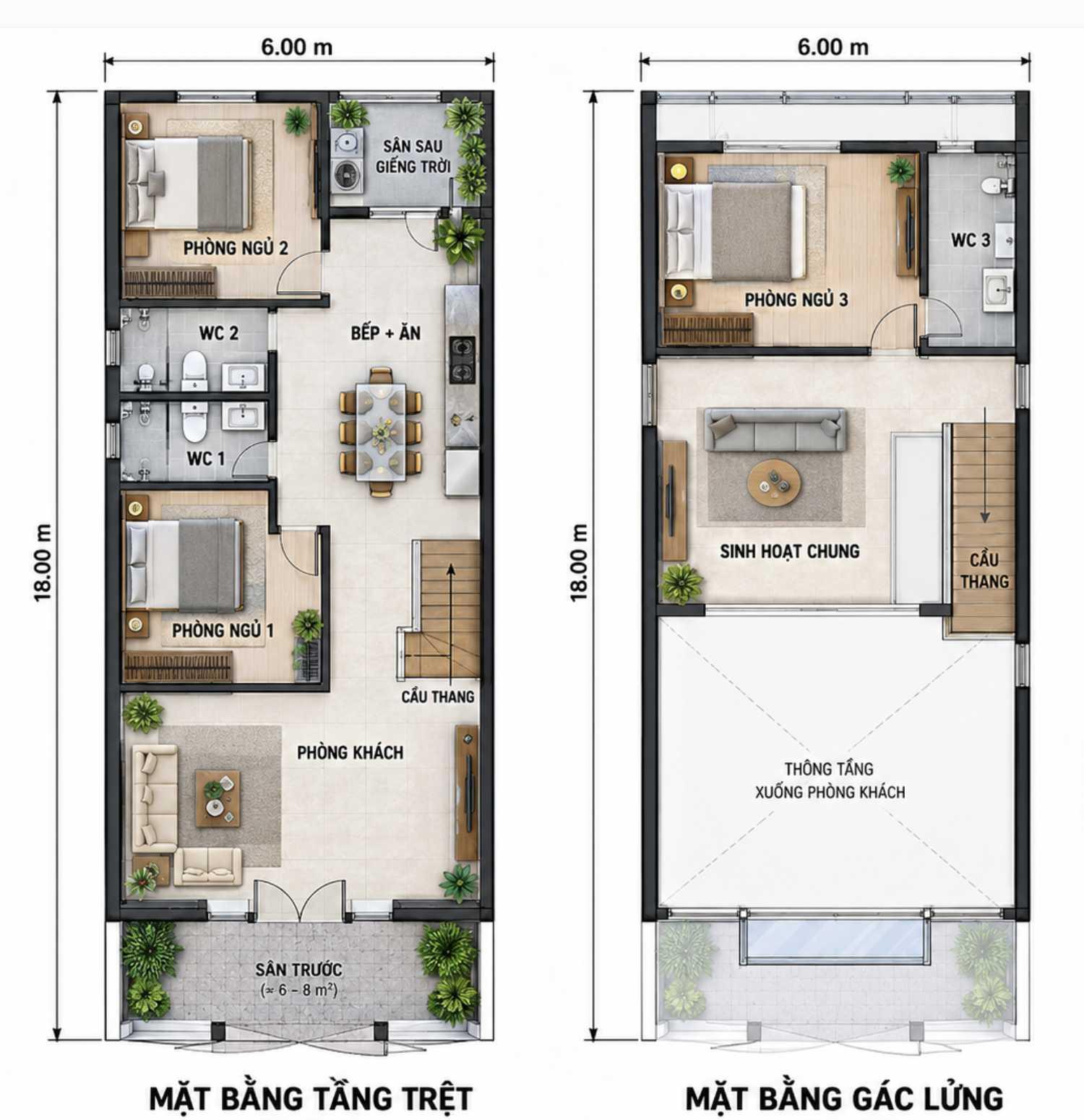 Mặt bằng tầng trệt 108m2 mở rộng tối đa cho khu vực sinh hoạt chung