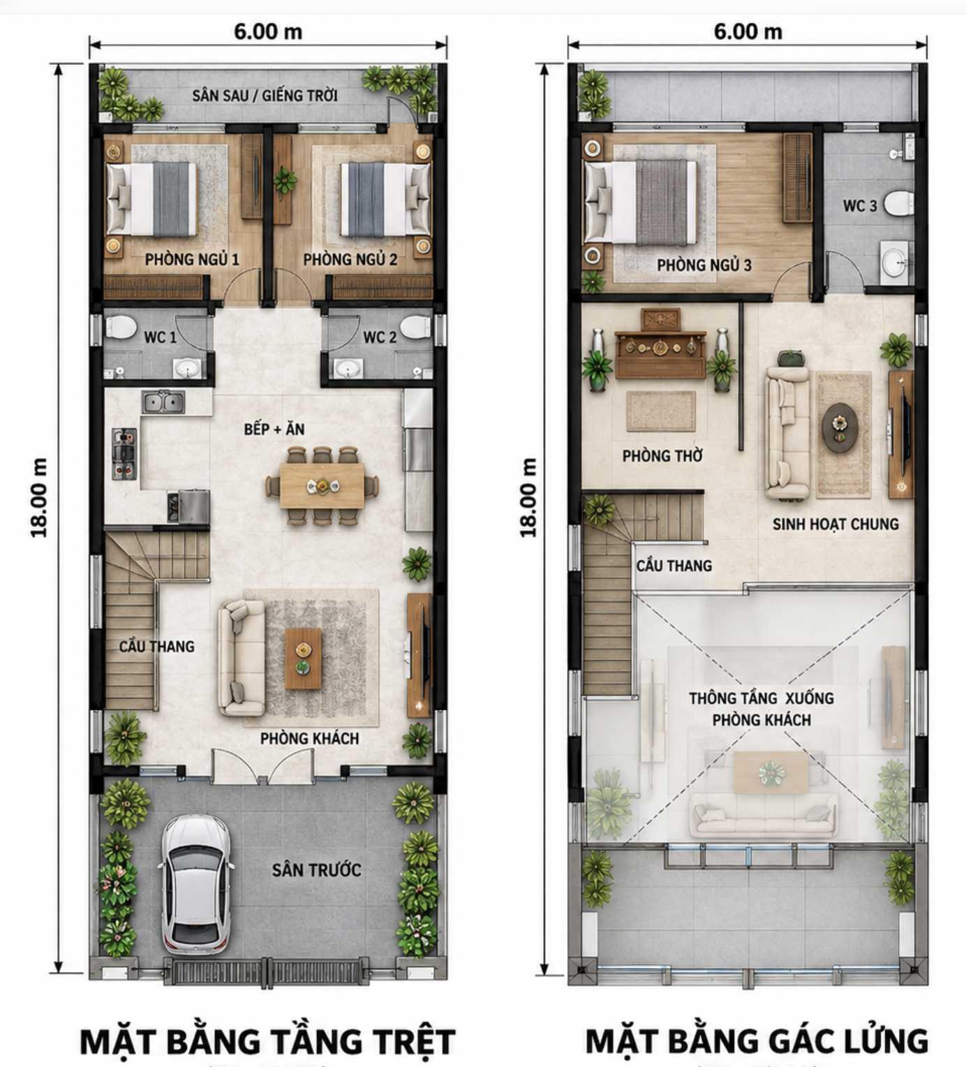 Gợi ý cách bố trí nhà cấp 4 gác lửng 6x18 có 3 phòng ngủ 1 phòng thờ