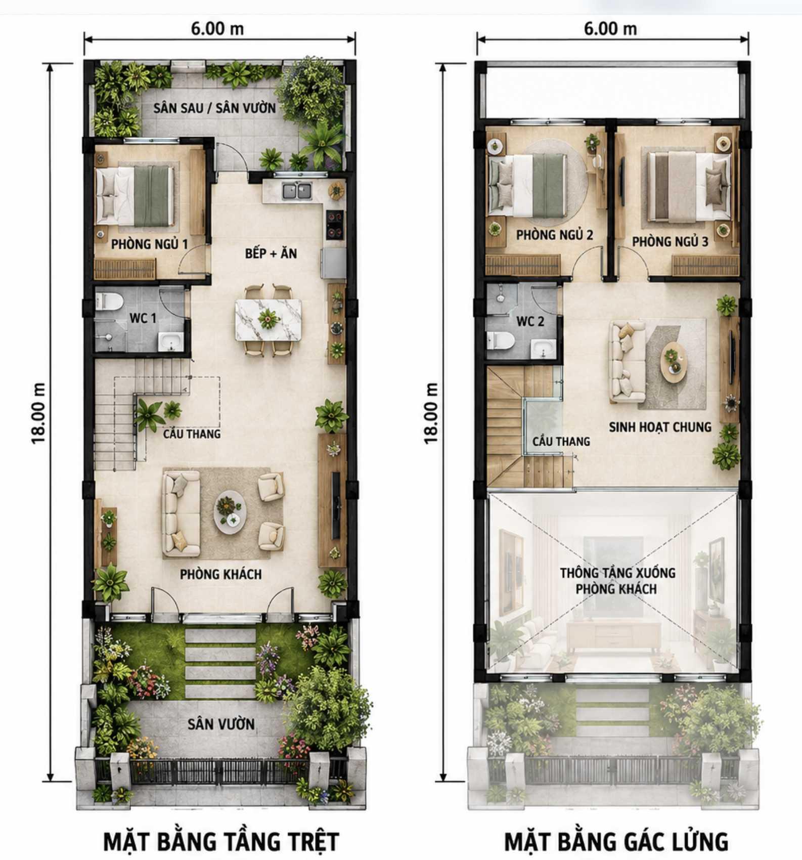 Gợi ý bản vẽ mẫu nhà cấp 4 có gác lửng 6x18 có sân vườn