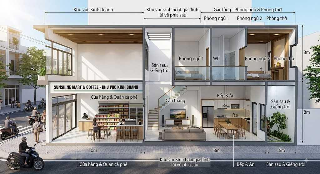 Khu vực sinh hoạt gia đình lùi về phía sau giữ gìn sự riêng tư