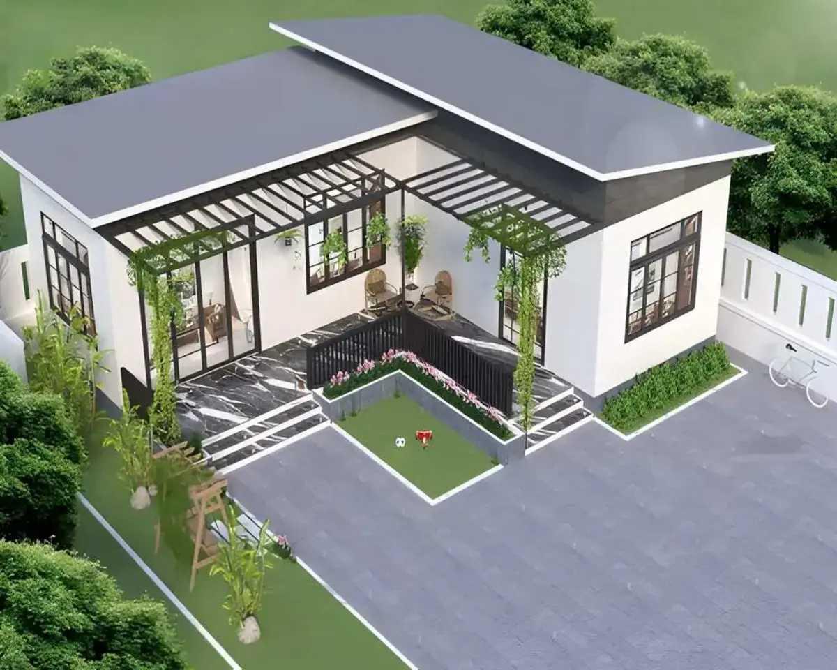 Mãu nhà cấp 4 chữ L 7x20 sử dụng cửa gỗ lớn tạo cảm giác sang trọng cho ngôi nhà (Nguồn: Internet)
