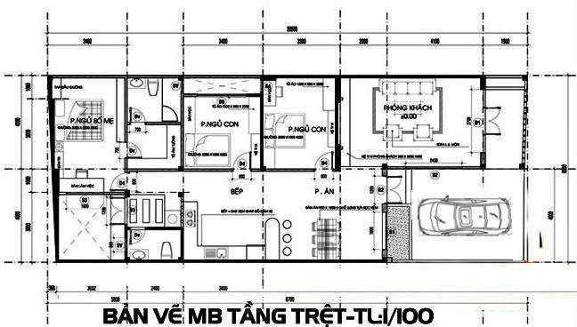 Bản vẽ thiết kế mặt bằng nhà cấp 4 gác lửng 7x20 có gara để xe (Nguồn: Internet)
