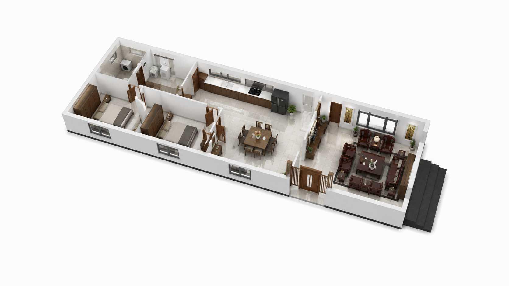 Mặt bằng 3D nhà cấp 4 6x25m 2 phòng ngủ