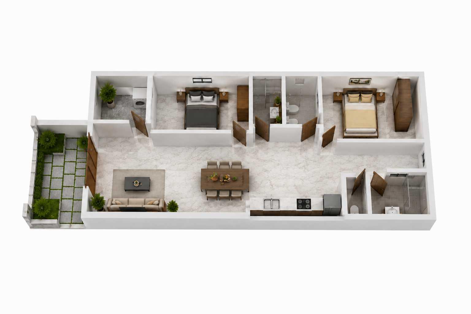 Sơ đồ bố trí nội thất nhà cấp 4 diện tích 6x25m 2 phòng ngủ rộng rãi