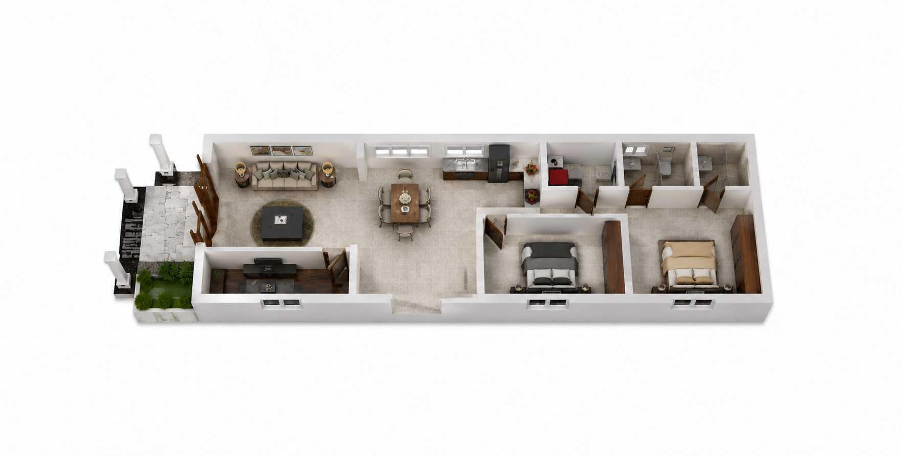 Phối cảnh mặt bằng tổng thể nhà cấp 4 6x25 2 phòng ngủ hiện đại