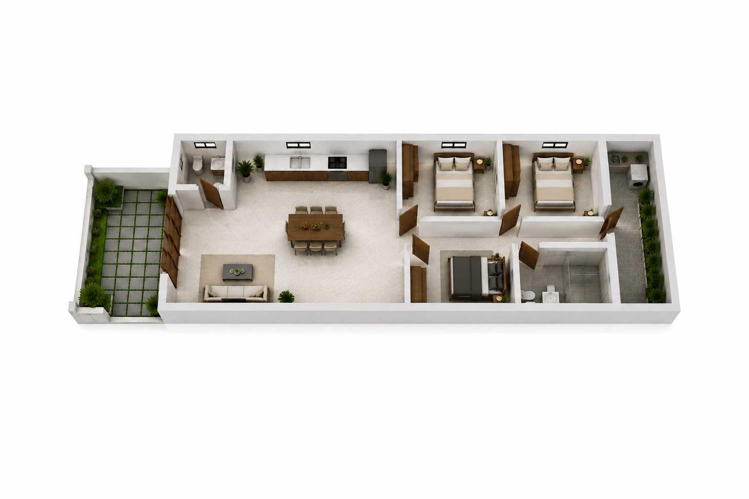 Sơ đồ bố trí nội thất nhà cấp 4 diện tích 6x25m gồm 3 phòng ngủ rộng rãi