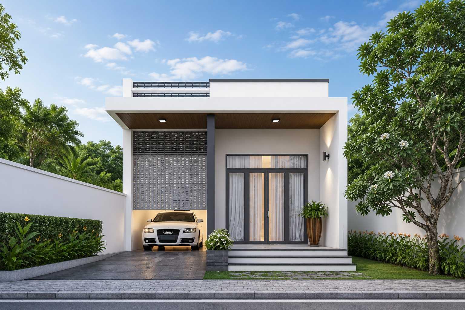 Phối cảnh mặt tiền mẫu nhà cấp 4 6x25m có gara ô tô hiện đại, tiện nghi
