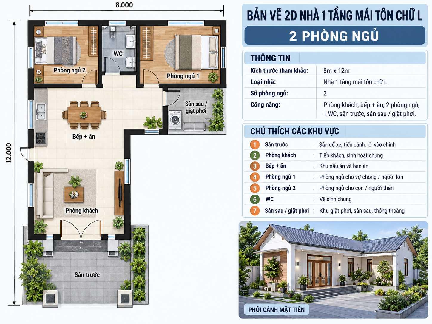 Bản vẽ bố trí công năng nhà chữ L với 2 phòng ngủ rộng rãi, thoải mái
