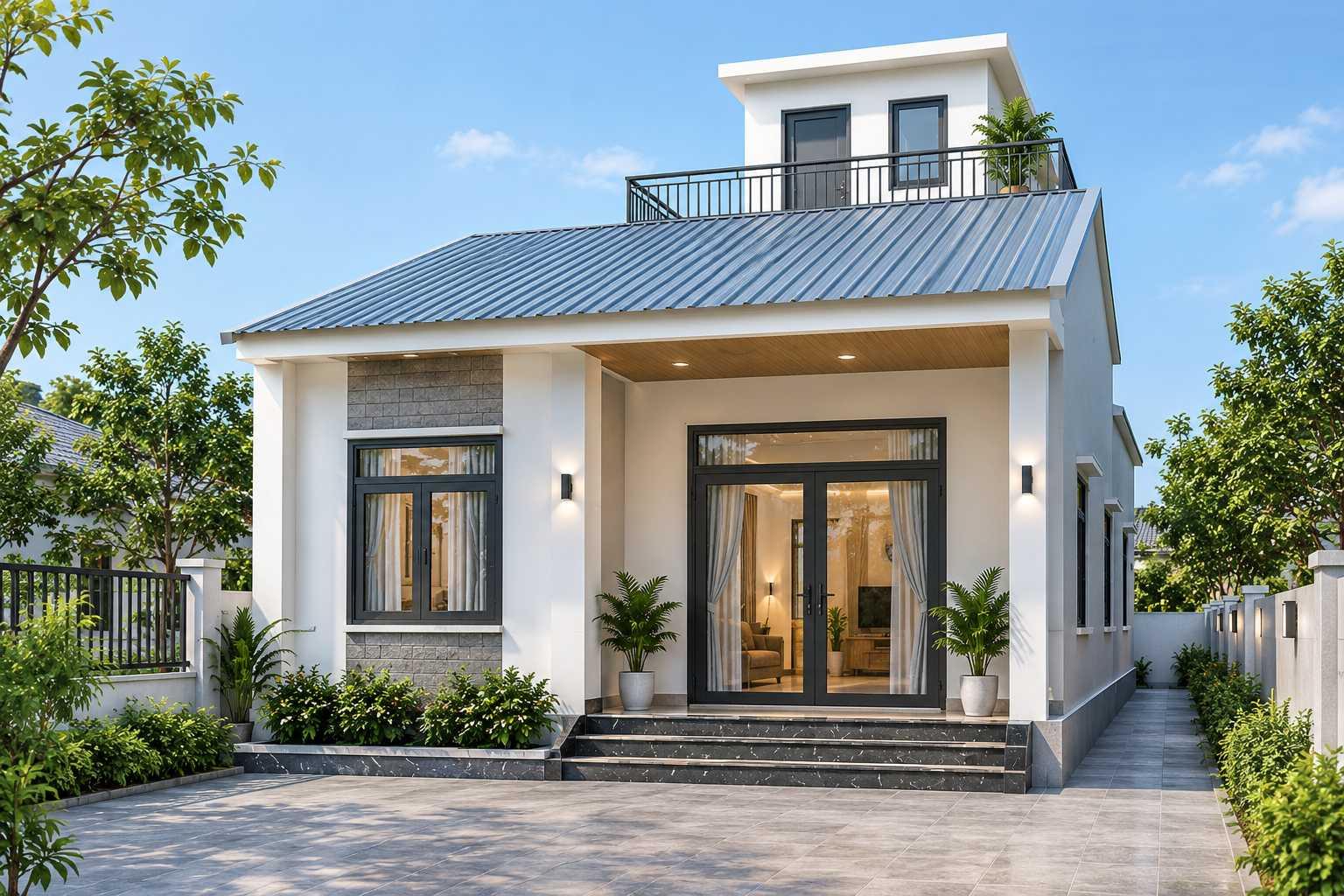Thiết kế tum nhỏ kết hợp mái tôn giúp bố trí khu vực giặt phơi hoặc kho lưu trữ