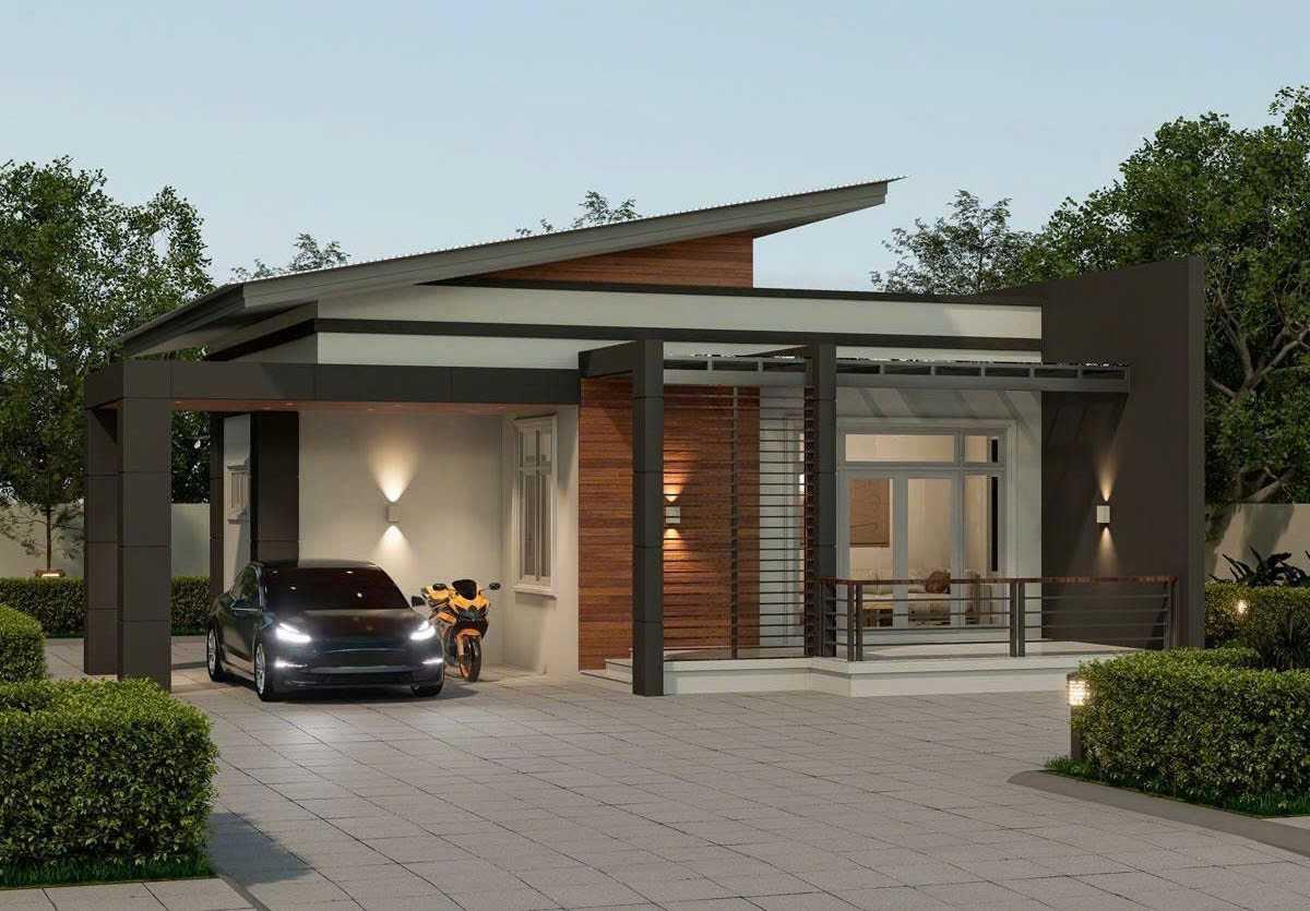 Phối cảnh nhà cấp 4 ngang 4m dài 15m mái lệch độc đáo kết hợp gara ô tô bên hông (Nguồn: Internet)