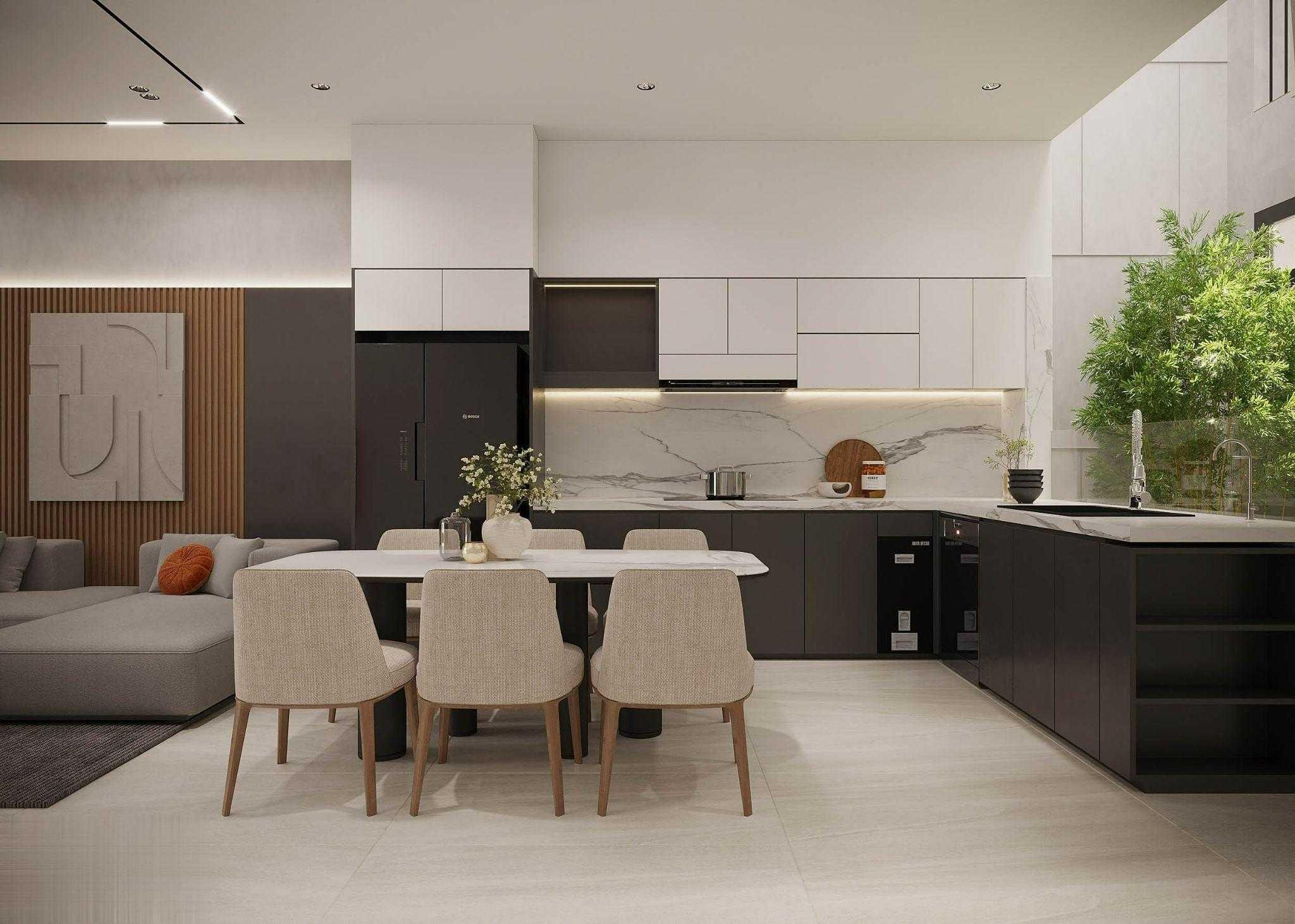 Nội thất liên thông phòng khách và bếp nhà cấp 4 4x20m tông màu sáng