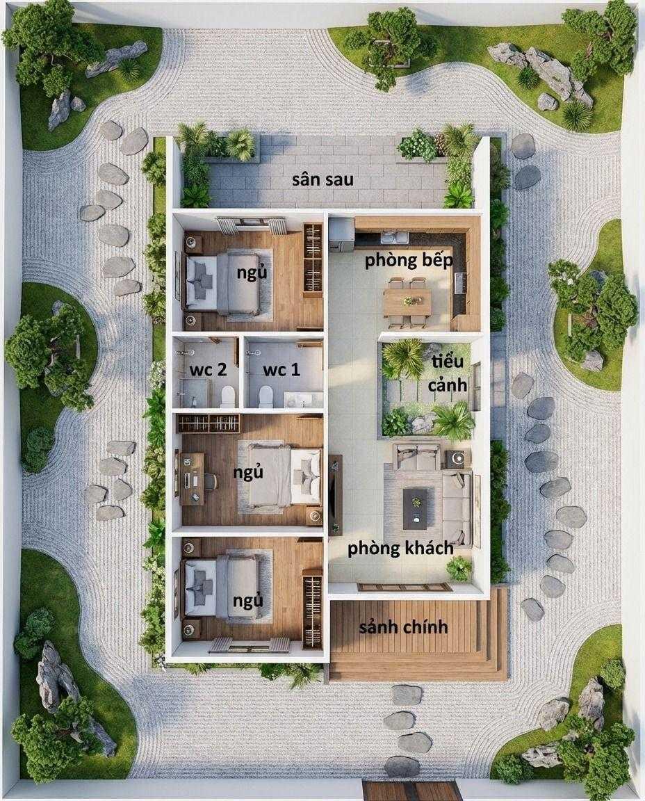 Giếng trời giữa nhà cấp 4 ngang 4m dài 20m kết hợp tiểu cảnh