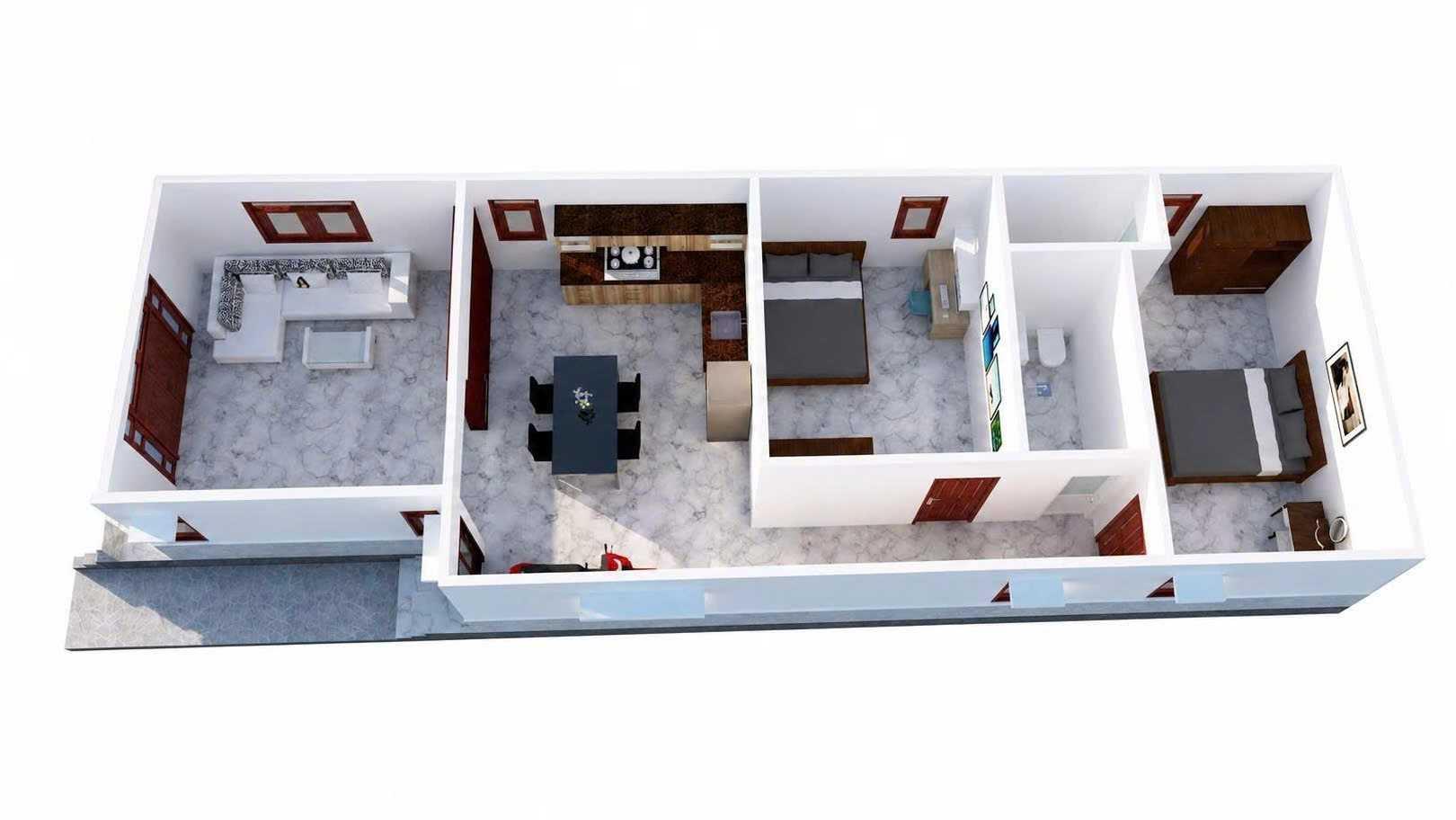 Bản vẽ mặt bằng 3D nhà cấp 4 ngang 5m dài 15m bố trí phòng khách 2 phòng ngủ gọn gàng
