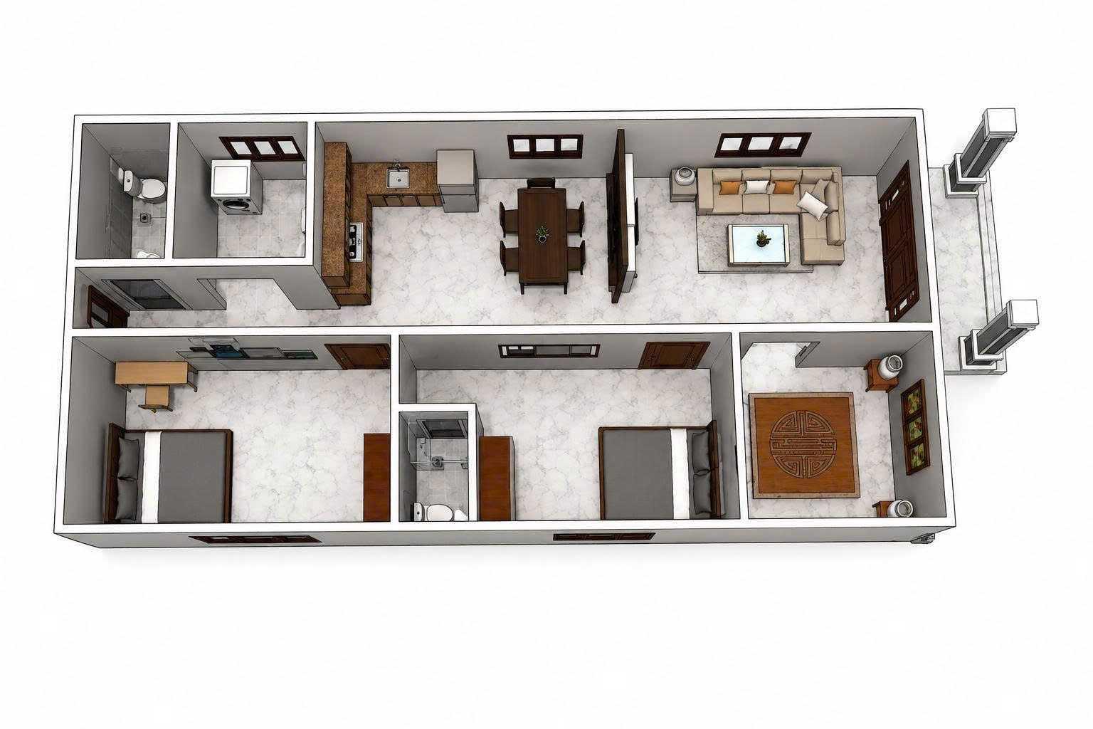 Bản vẽ thiết kế mặt bằng nhà cấp 4 ngang 5m dài 15m gồm 2 phòng ngủ phòng thờ riêng biệt