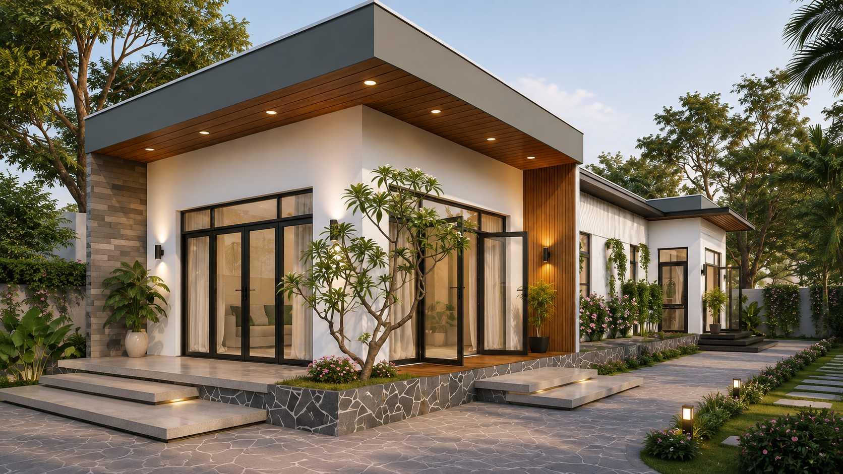 Góc nhìn kiến trúc nhà cấp 4 ngang 5m dài 15m mái bằng kết hợp cửa kính rộng