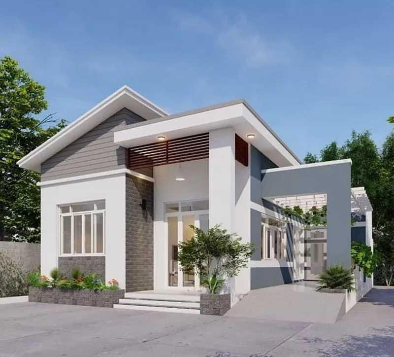 Phối cảnh nhà cấp 4 ngang 5m dài 15m mái lệch hiện đại kết hợp hệ lam gỗ (Nguồn: Internet)