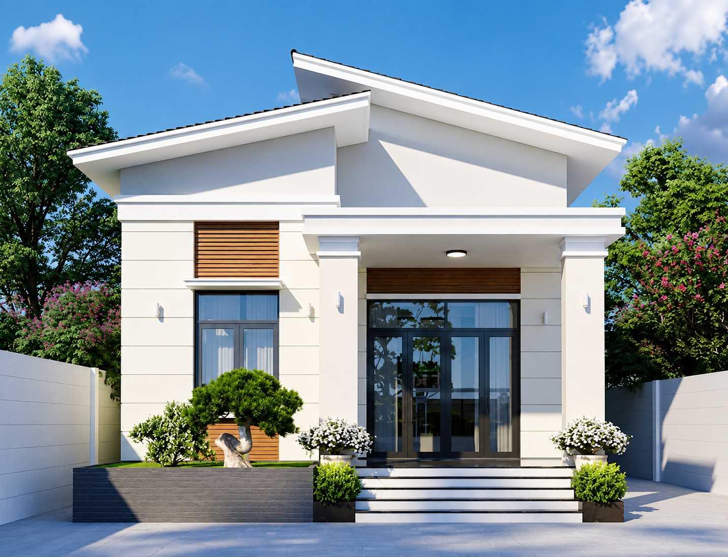 Mẫu nhà cấp 4 mái lệch diện tích 5x15m nổi bật với khung cửa kính lớn và tiểu cảnh
