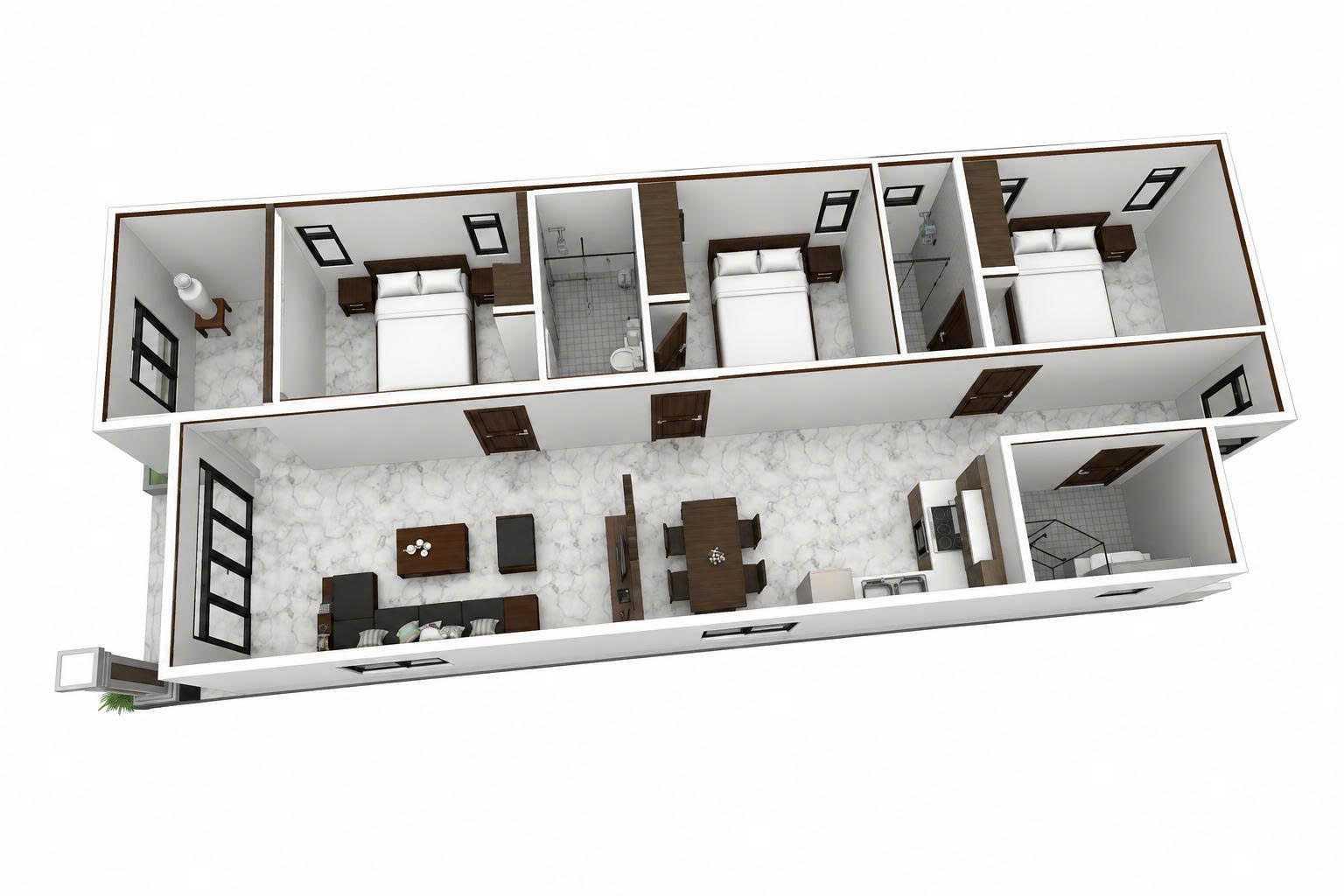 Bản vẽ 3D nhà cấp 4 ngang 5m dài 15m chia 3 phòng ngủ dọc hành lang