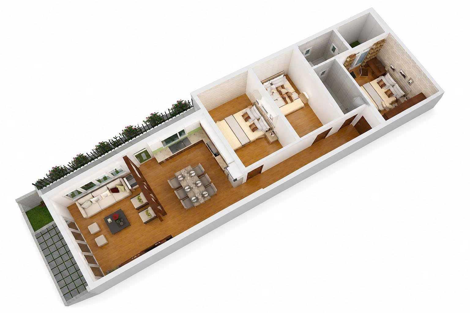 Sơ đồ công năng 3D nhà 5x15m gồm phòng khách, bếp và 3 phòng ngủ