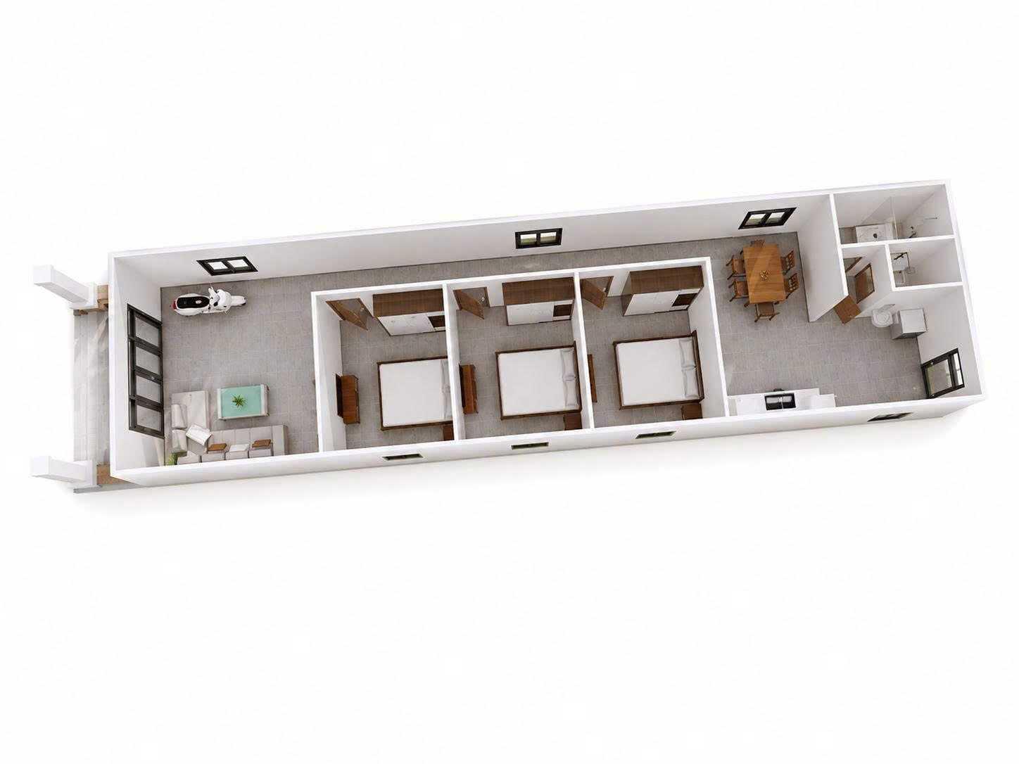 Bản vẽ thiết kế nhà cấp 4 ngang 5m dài 15m có 3 phòng ngủ liên tiếp