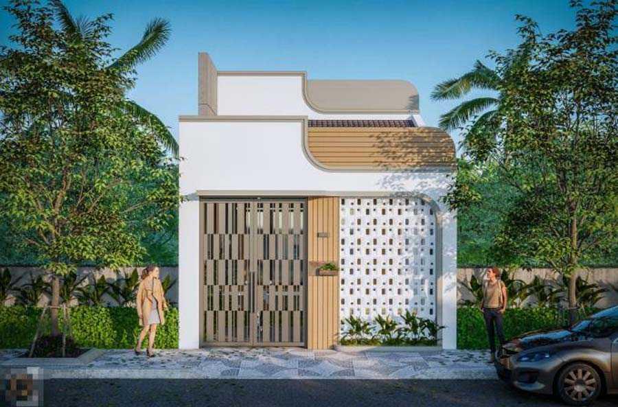 Mặt tiền nhà cấp 4 ngang 5m dài 15m gác lửng kết hợp gạch thông gió và cổng sắt độc đáo (Nguồn: Internet)