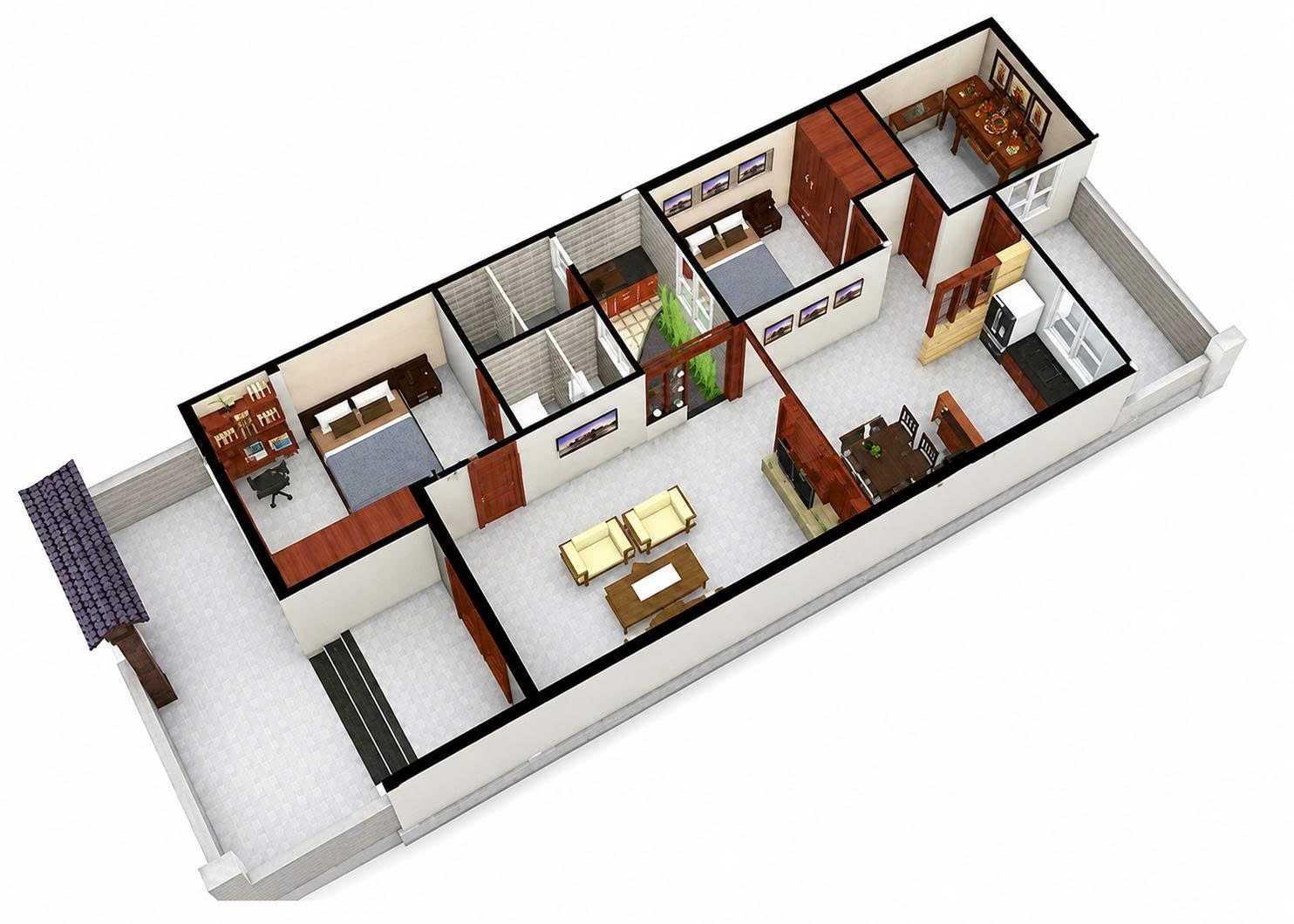 Bản vẽ 3D nhà cấp 4 ngang 5m dài 15m bố trí phòng thờ riêng biệt ở cuối nhà