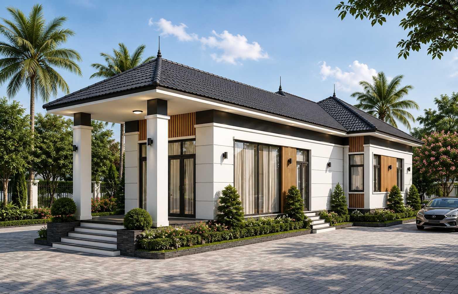 Phối cảnh nhà cấp 4 ngang 5m dài 15m hiện đại, mái Thái trang nhã