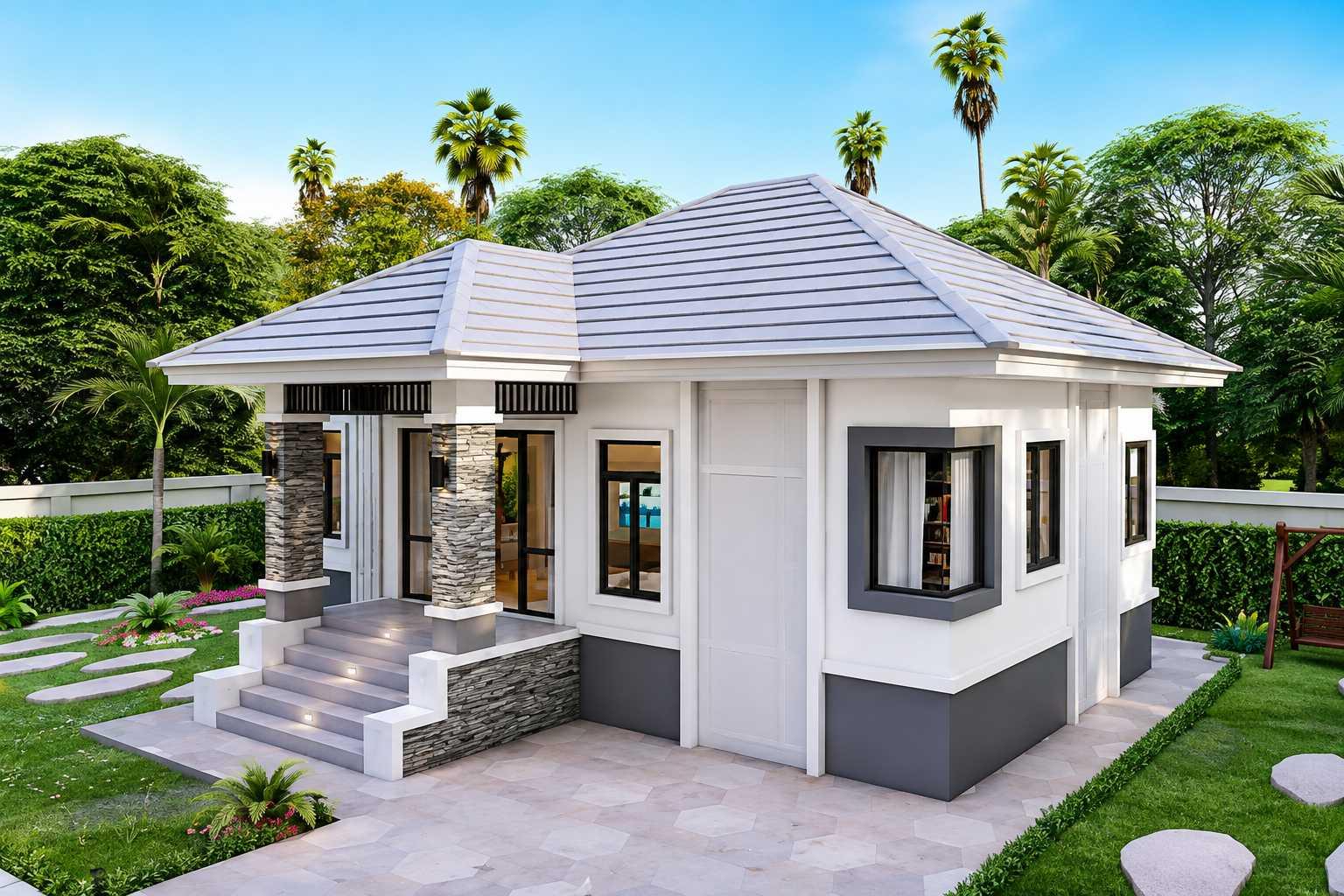 Góc nhìn tổng thể phối cảnh mặt tiền nhà ngang 8m sâu 10m tiện nghi