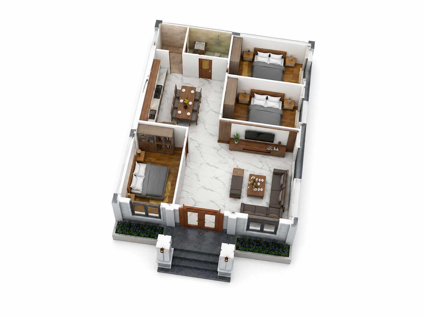 Bản vẽ 3D mặt bằng nhà cấp 4 ngang 8m dài 14m tối ưu công năng