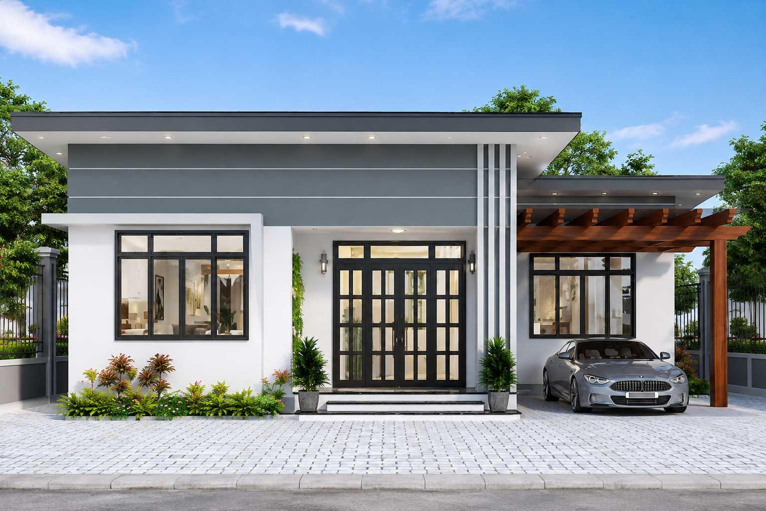 Phối cảnh mặt tiền nhà cấp 4 ngang 8m dài 14m phong cách hiện đại