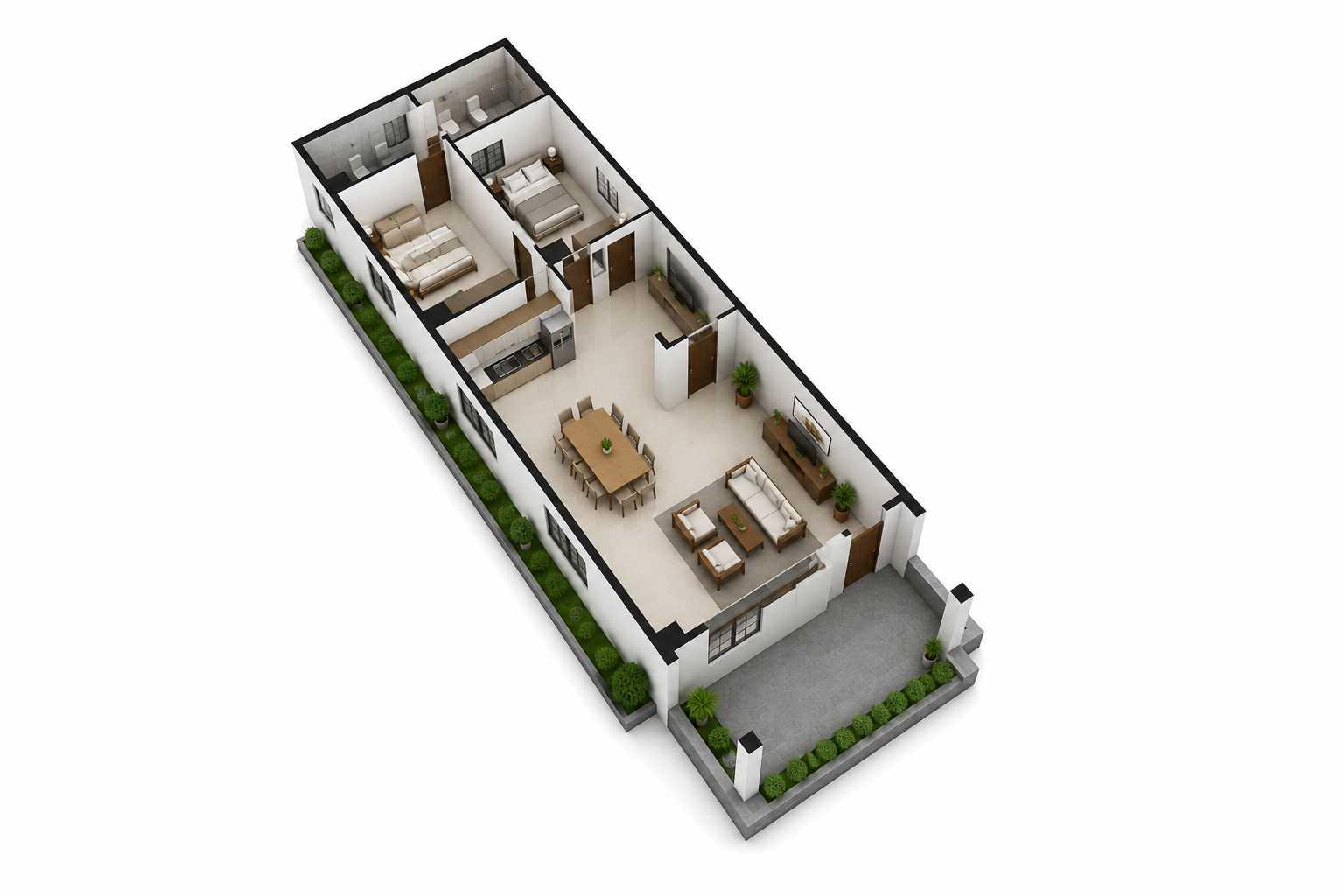 Bản vẽ 3D mặt bằng nhà cấp 4 ngang 8m dài 15m tối ưu công năng