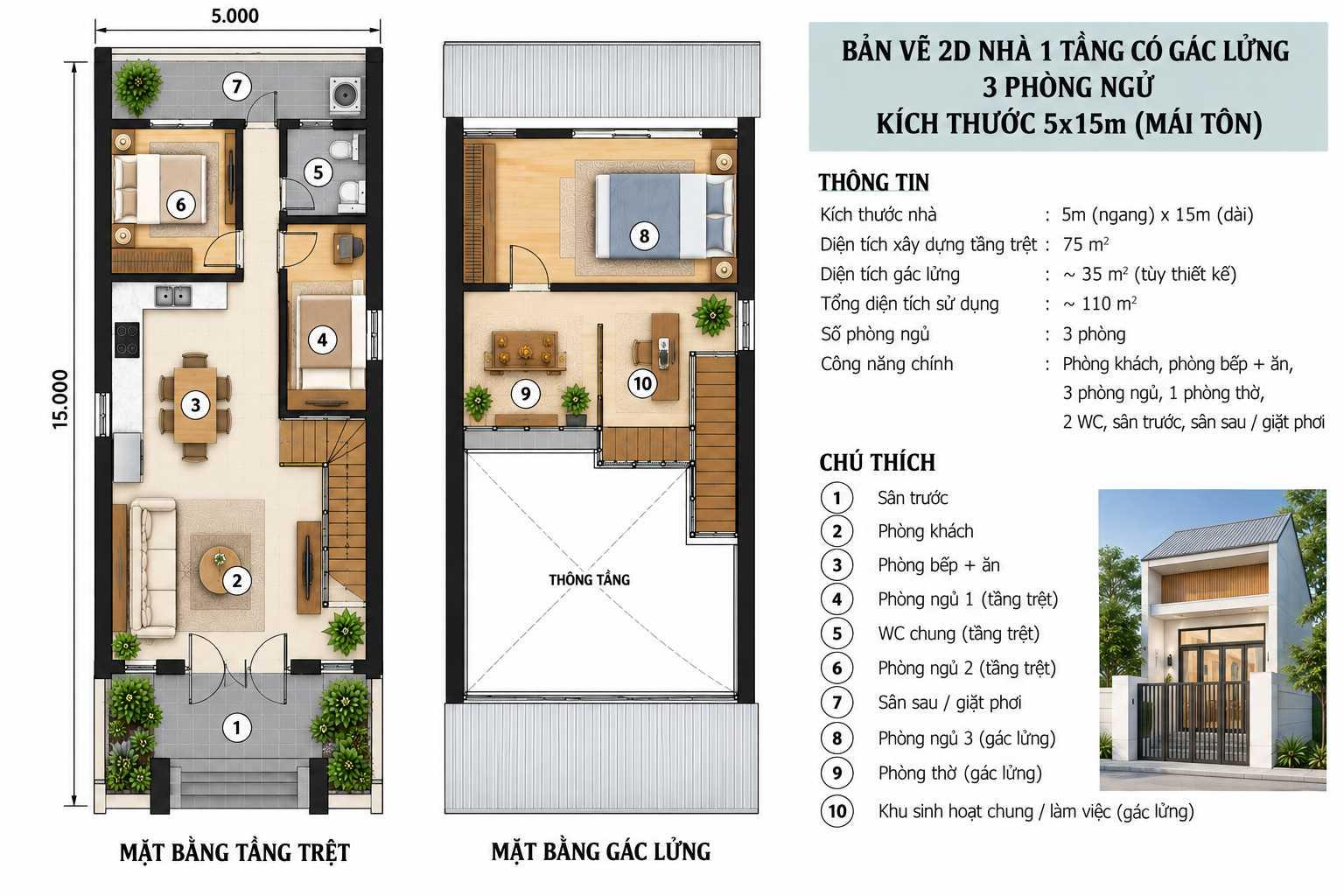 Bản vẽ bố trí công năng nhà 5x15m với 2 phòng ngủ tầng trệt và 1 phòng ngủ trên gác lửng