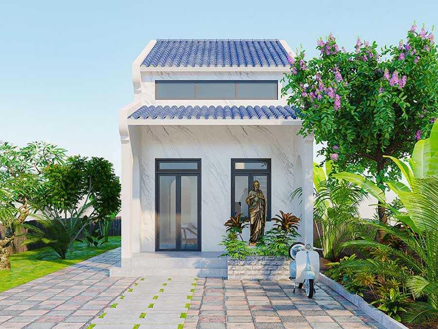 Nhà gác lửng 3 phòng ngủ kết hợp sân trước giúp tạo khoảng đệm giữa nhà và đường phố (Nguồn: Internet)