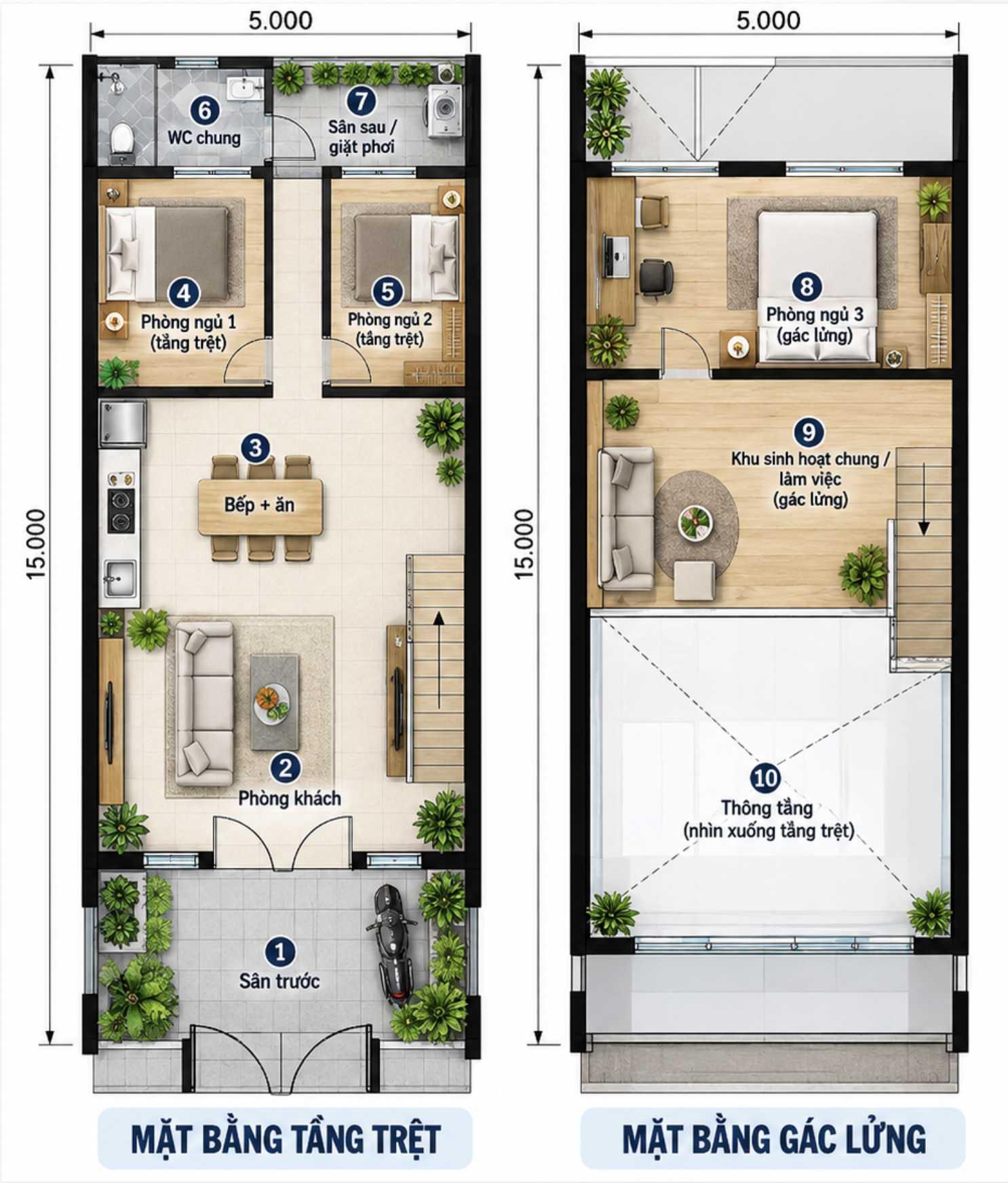 Bản vẽ tầng trệt nhà 5x15m bố trí phòng khách, bếp, 2 phòng ngủ và nhà vệ sinh