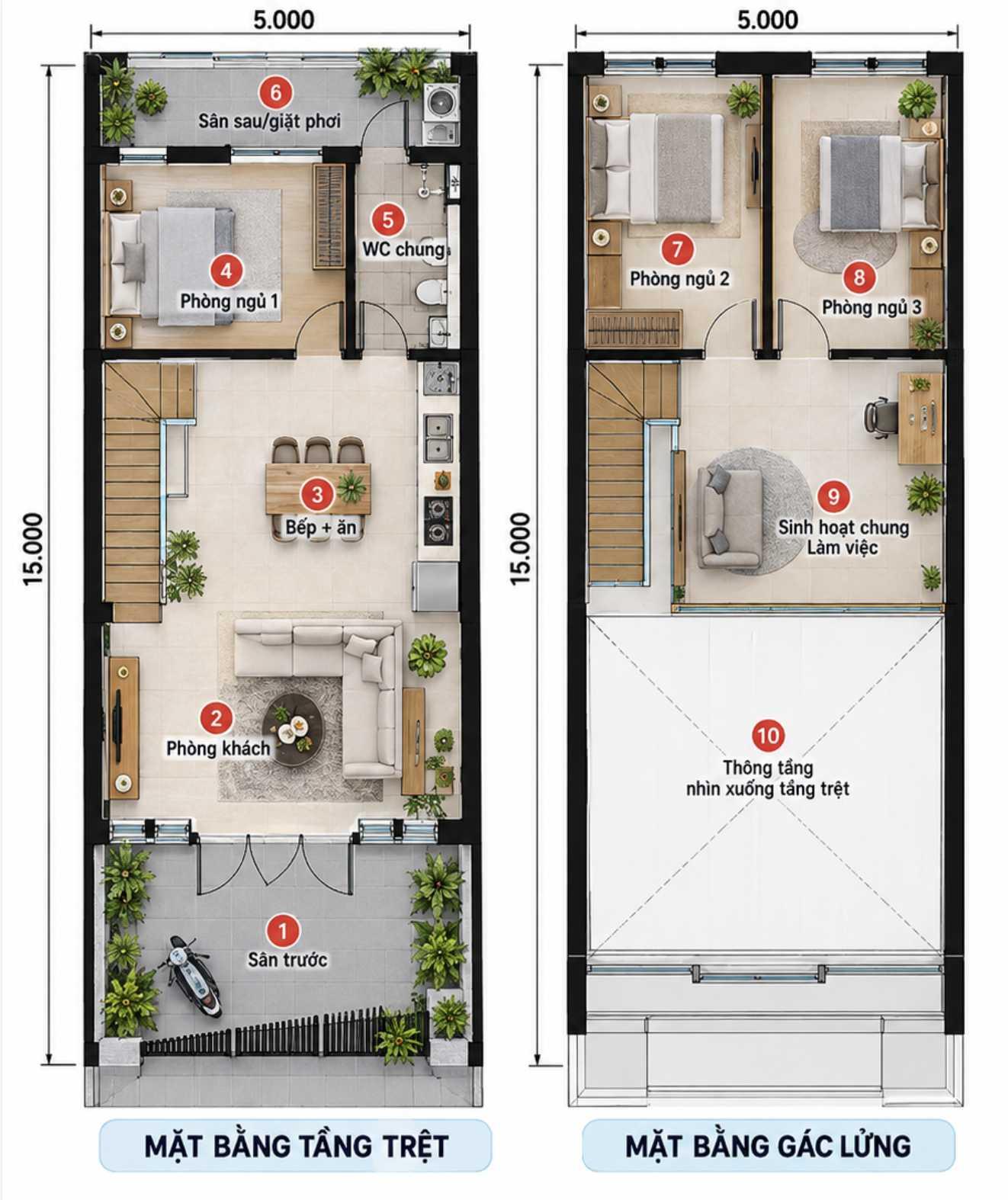 Bản vẽ tầng trệt nhà 5x15m gồm phòng khách, bếp, 1 phòng ngủ và nhà vệ sinh