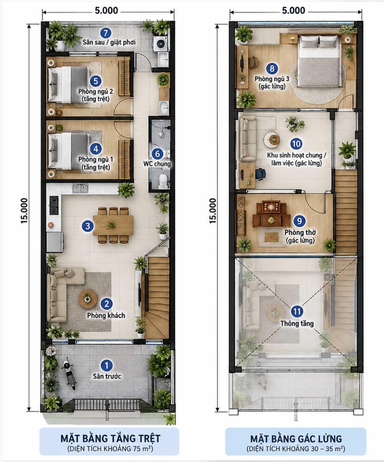 Bản vẽ nhà 5x15m có 2 phòng ngủ tầng trệt và phòng thờ riêng trên gác lửng