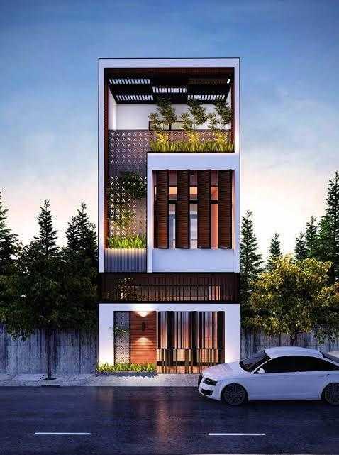 Mẫu nhà ống 3 tầng 6m mặt tiền kính và lam