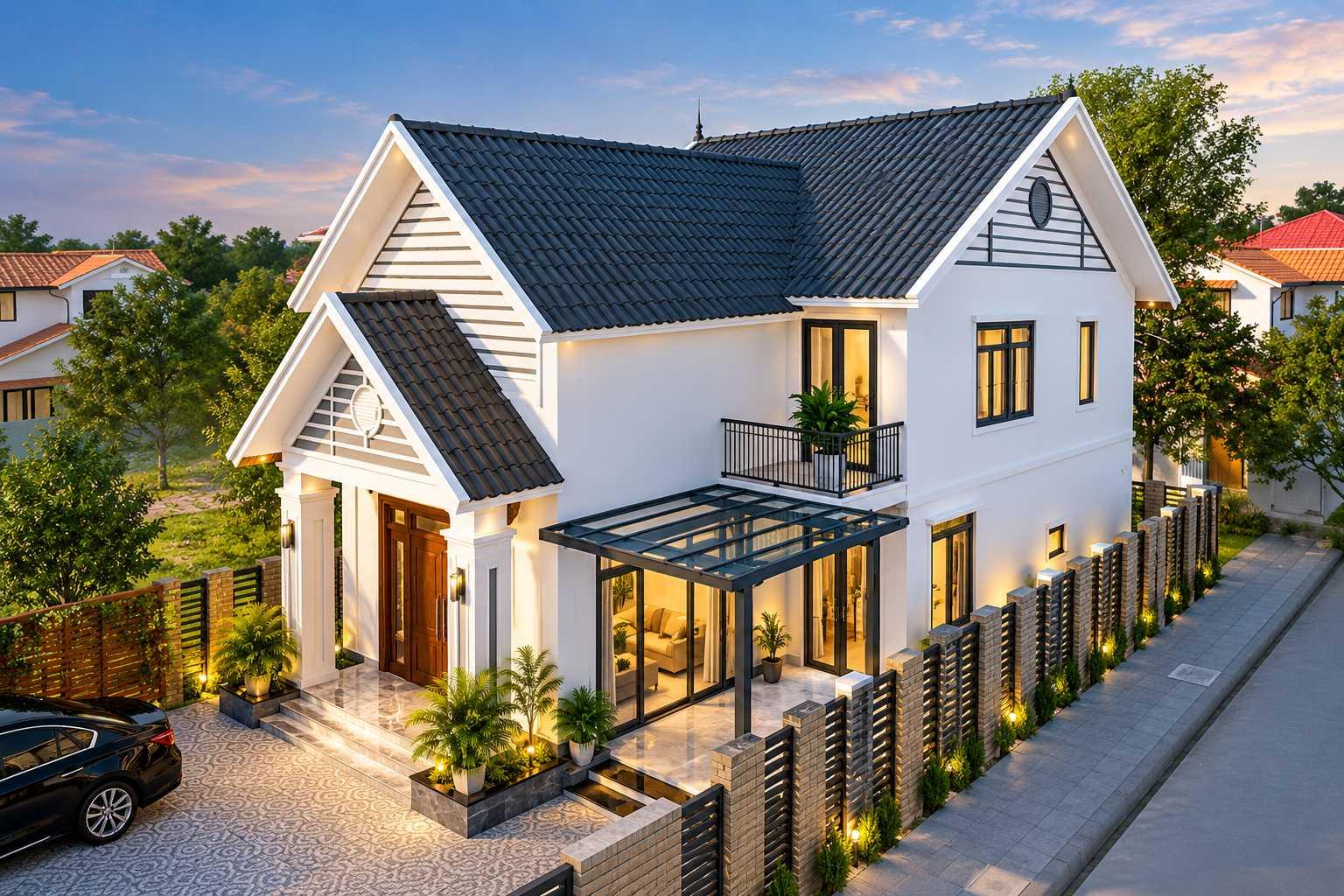 Thiết kế nhà mái Thái có gác lửng với phòng khách thông tầng tạo cảm giác rộng rãi (Nguồn: Internet)