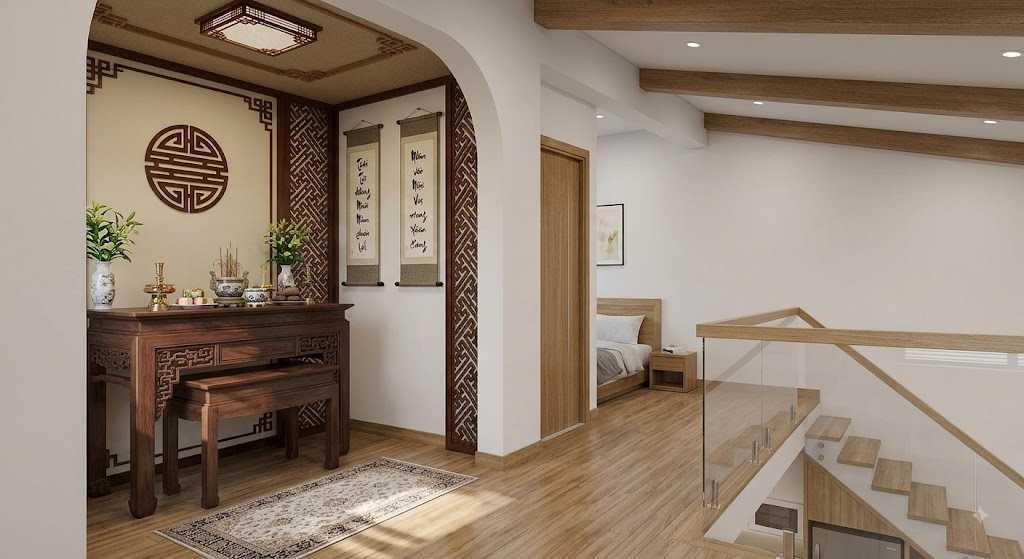 Mẫu nhà cấp 4 có gác lửng bố trí phòng thờ riêng giúp tiết kiệm diện tích tầng trệt