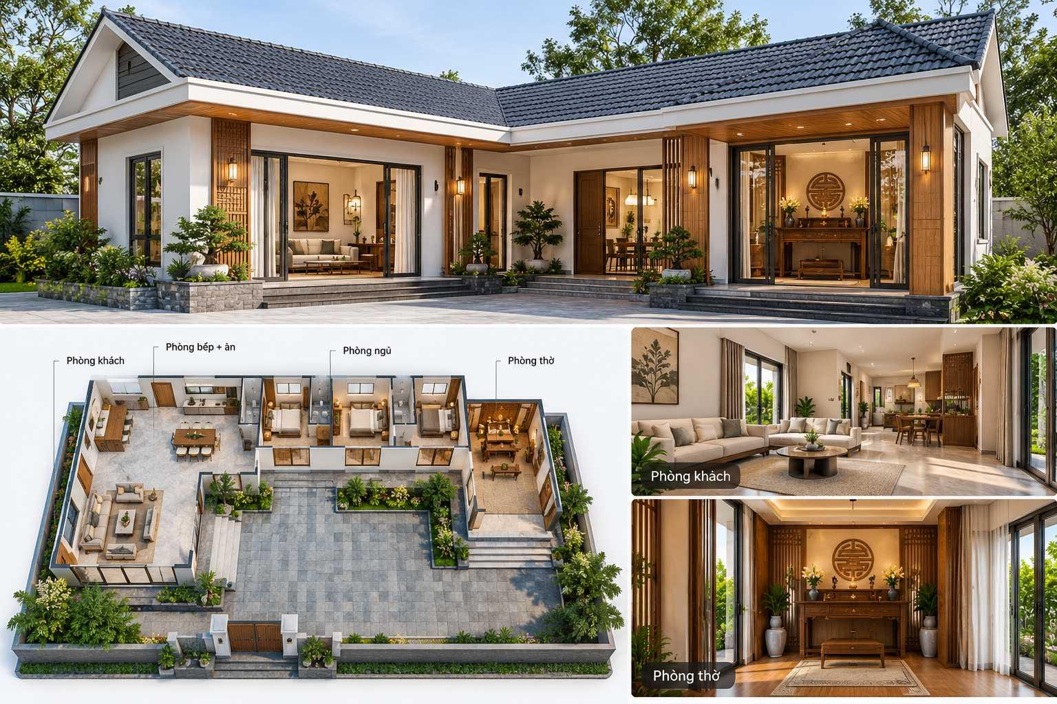 Mẫu nhà cấp 4 chữ L bố trí phòng thờ riêng tại một cánh nhà giúp bảo đảm sự yên tĩnh