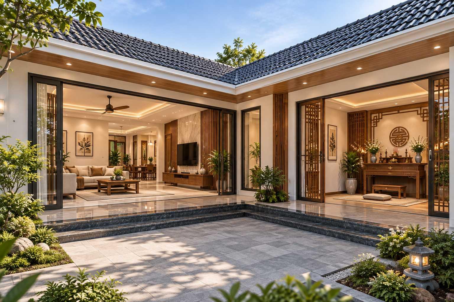 Thiết kế nhà chữ L có phòng thờ cạnh phòng khách giúp phân chia không gian sinh hoạt hợp lý