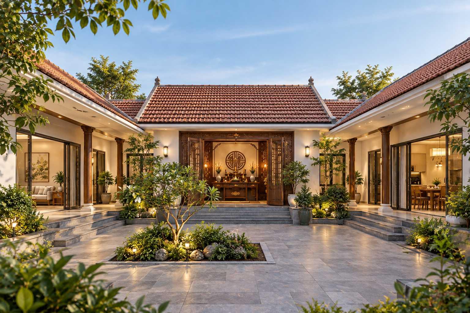 Nhà cấp 4 chữ U mái ngói kết hợp phòng thờ riêng mang đậm nét kiến trúc truyền thống (Nguồn: Internet)